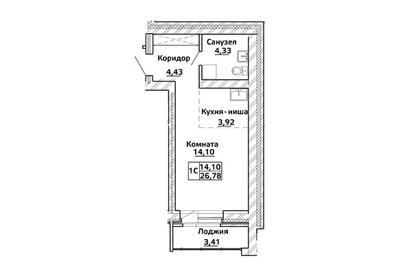 26,80 Однокомнатная студия в ЖК "Начало мая", город Новосибирск, застройщик ГК "Стрижи"