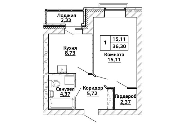 36,30 Однокомнатная квартира в ЖК "Начало мая", город Новосибирск, застройщик ГК "Стрижи"